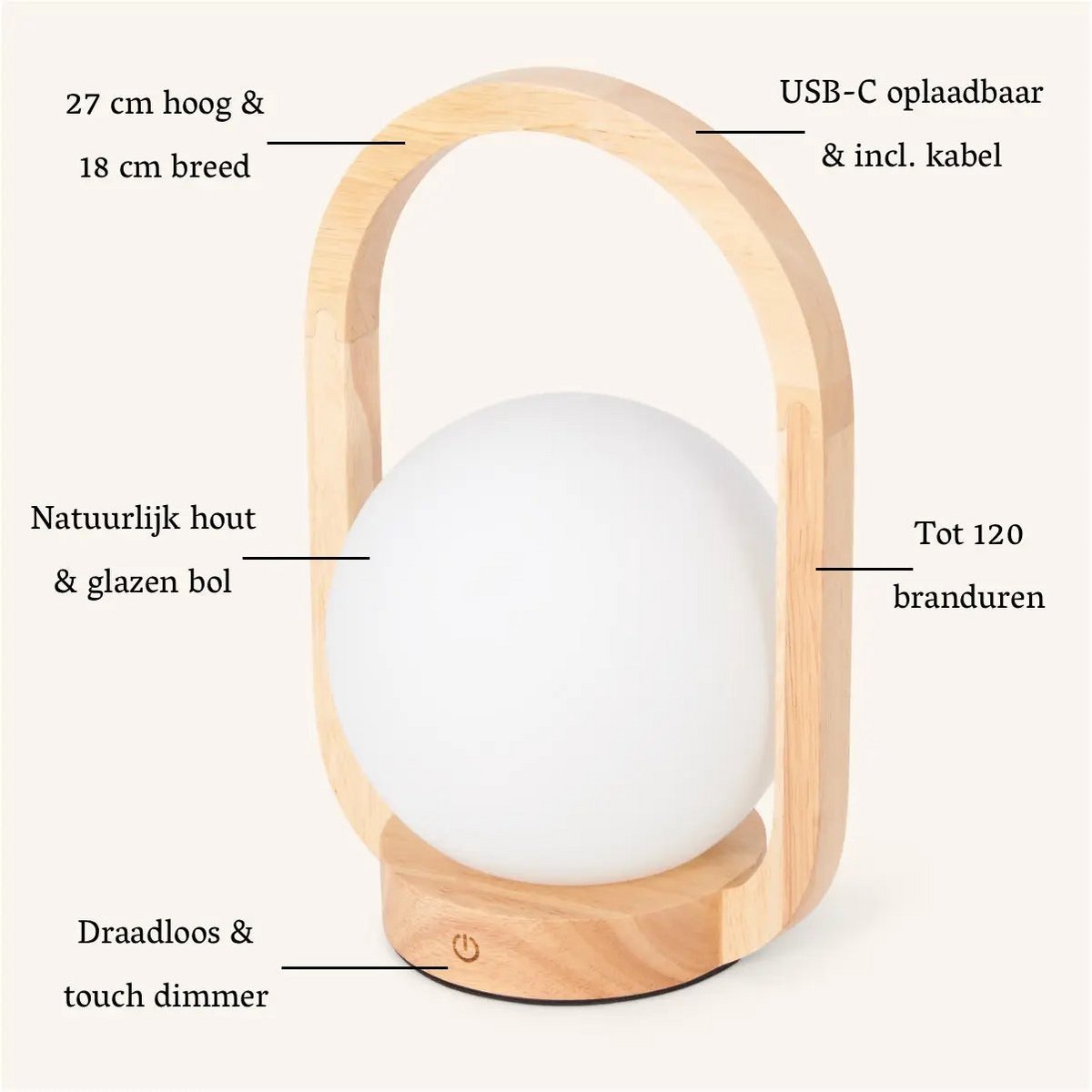 Skye Kabellose Tischlampe aus Holz – Dimmbar & Wiederaufladbar