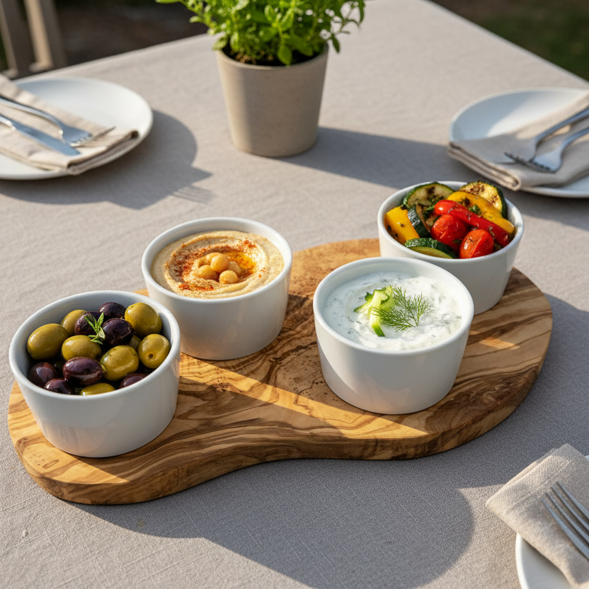 Servierbrett für Dips aus Holz – mit 4 Porzellanschalen