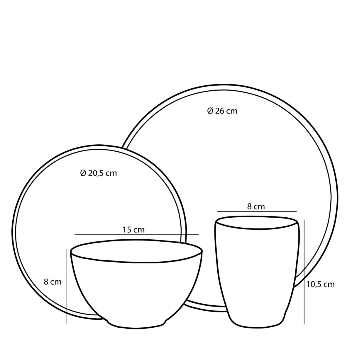 Maße des Keramik Geschirrsets mit Teller, Tasse und Schüssel