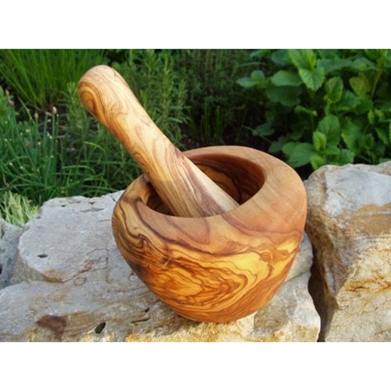 Mörser rund (Ø ca. 12 cm) inkl. Stößel aus Olivenholz