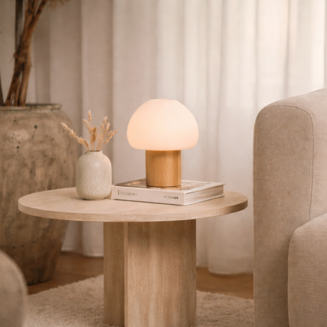 Helles Wohnzimmer mit Beistelltisch, Tischlampe, Vase und neutralem Sofa in ruhiger Atmosphäre