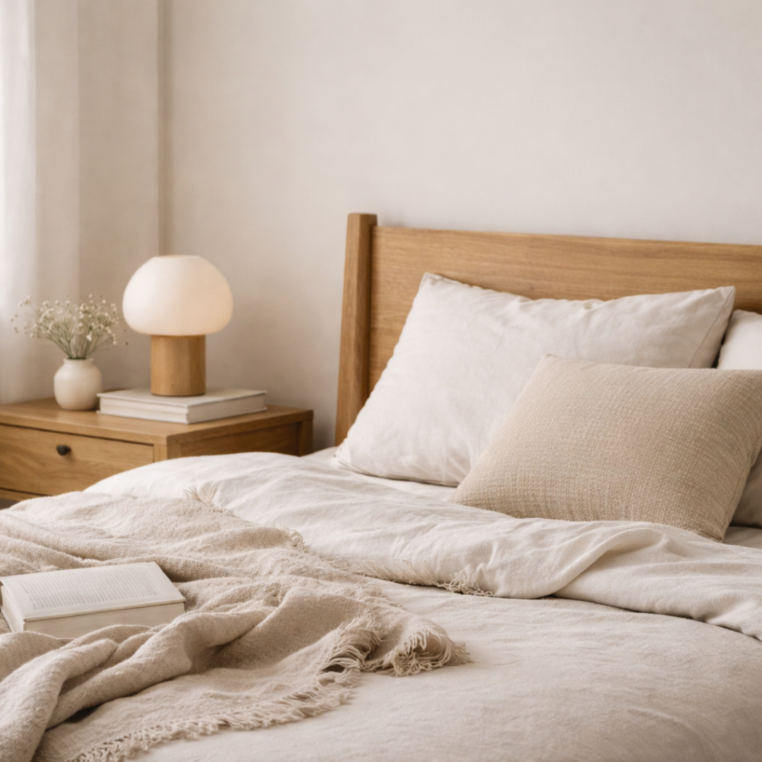 Ruhiges Schlafzimmer mit Holzbett, Nachttisch, Lampe und hellen Betttextilien