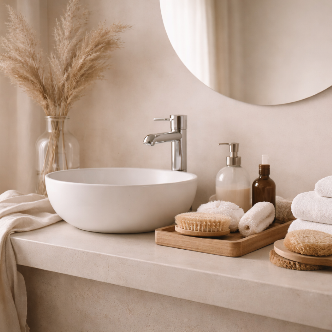 Minimalistisches Badezimmer mit Waschbecken, gefalteten Handtüchern und Badaccessoires aus Naturmaterialien