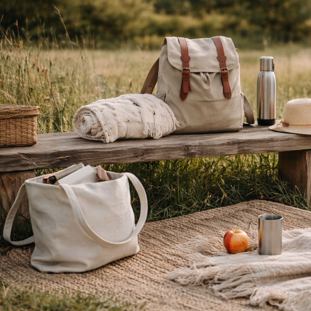 Outdoor-Szene mit Rucksack, Decke und Trinkflasche auf einer Holzbank in natürlicher Umgebung