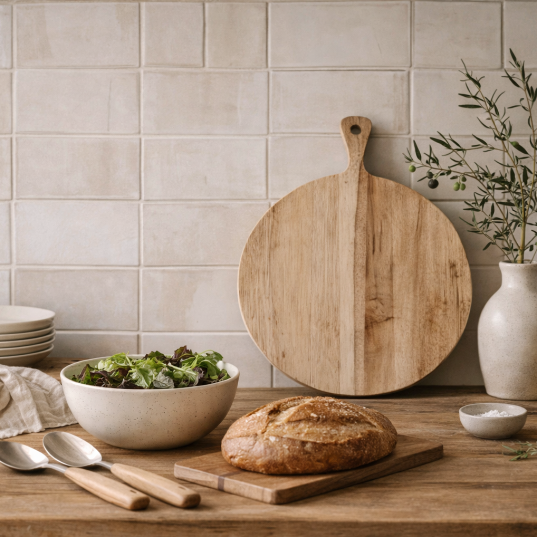 Küchentisch mit Keramikgeschirr, Holzschneidebrett, Brot und Olivenöl in natürlichem Licht
