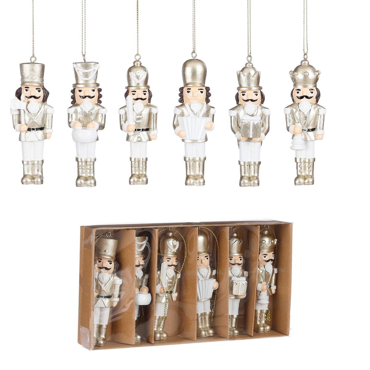 Set aus 6 goldenen Nussknacker-Anhängern für Weihnachtsbaum, detailreiche Figuren in Geschenkbox
