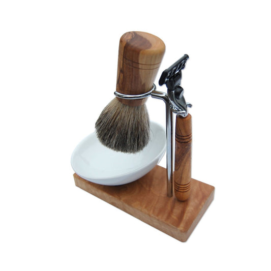 Rasierpinselhalter Set aus Olivenholz mit Pinsel, Nassrasierer und Porzellanschale