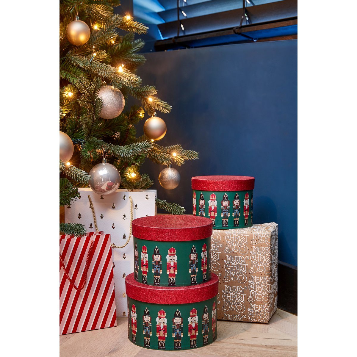 Aufbewahrungsboxen-Set 3er – Nussknacker – H14 × Ø21 cm – Papier – Grün