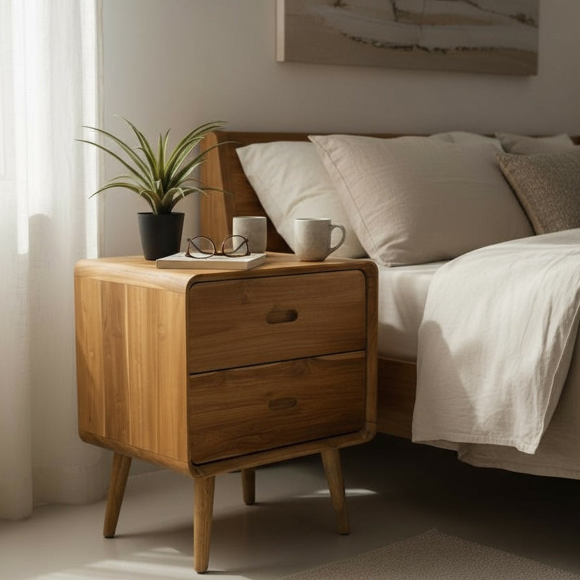 Nachttisch aus massivem Teakholz mit 2 Schubladen – handgefertigt
