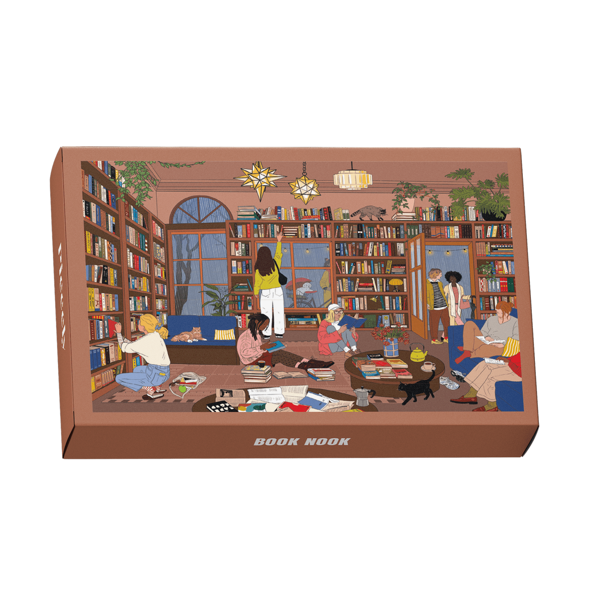 Schachtel des Minipuzzles Book Nook mit illustriertem Bibliotheksmotiv