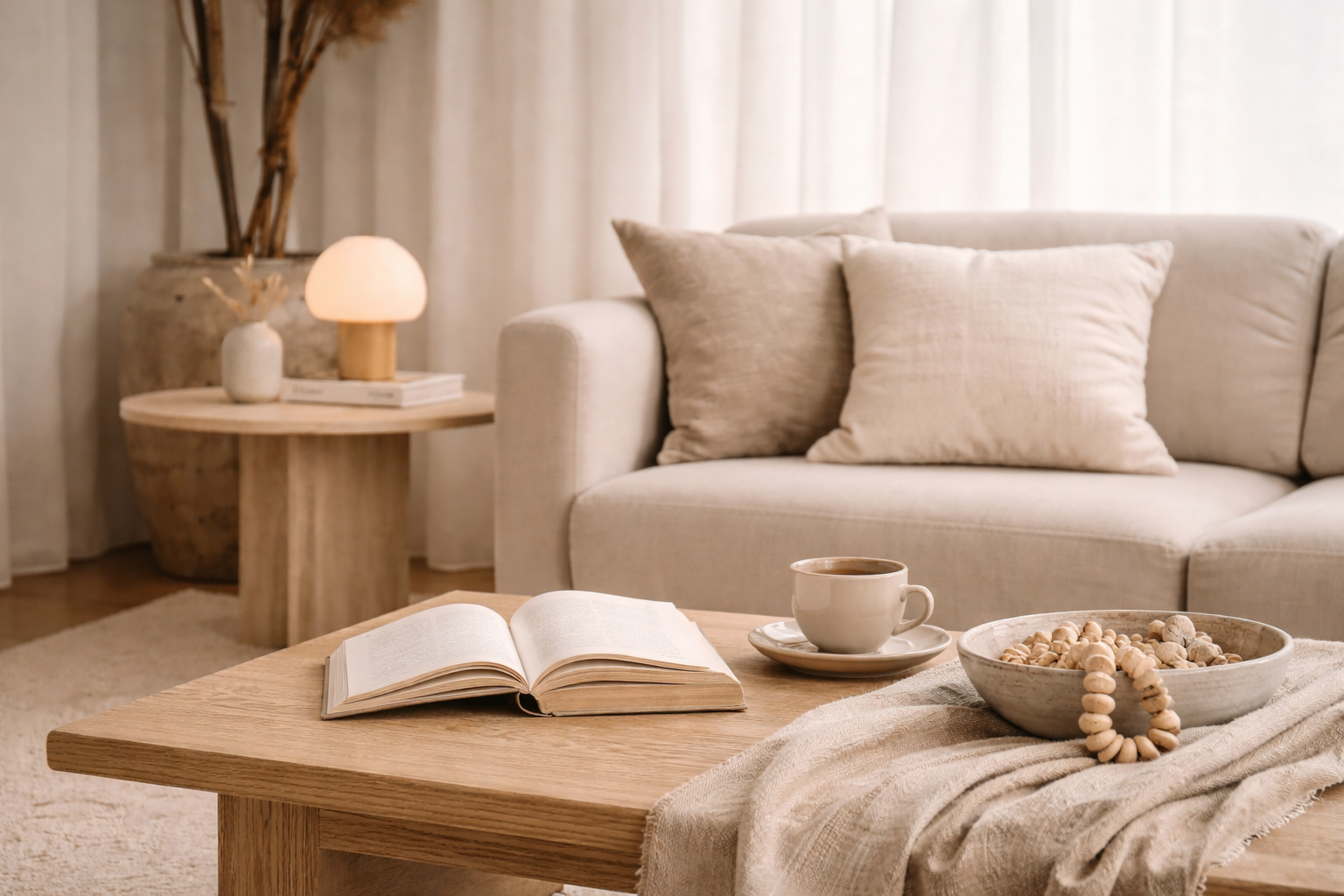 Heller Wohnraum mit Sofa, Couchtisch, Lampe und natürlichen Materialien in ruhigem Stil