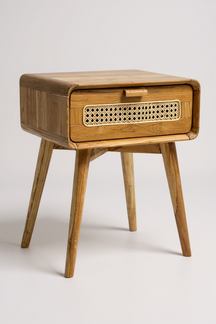 Rattan Beistelltisch aus Teakholz – mit Schublade, 60×50×40 cm
