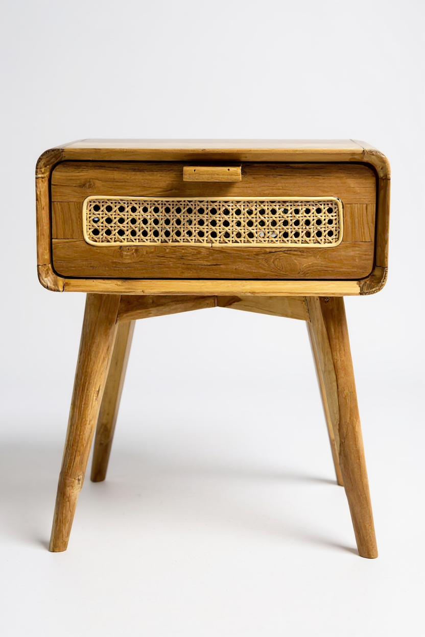 Rattan Beistelltisch aus Teakholz – mit Schublade, 60×50×40 cm