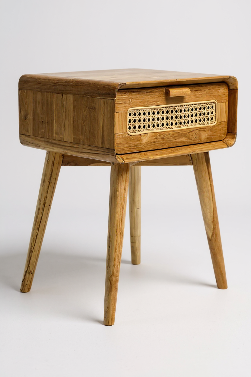 Rattan Beistelltisch aus Teakholz – mit Schublade, 60×50×40 cm