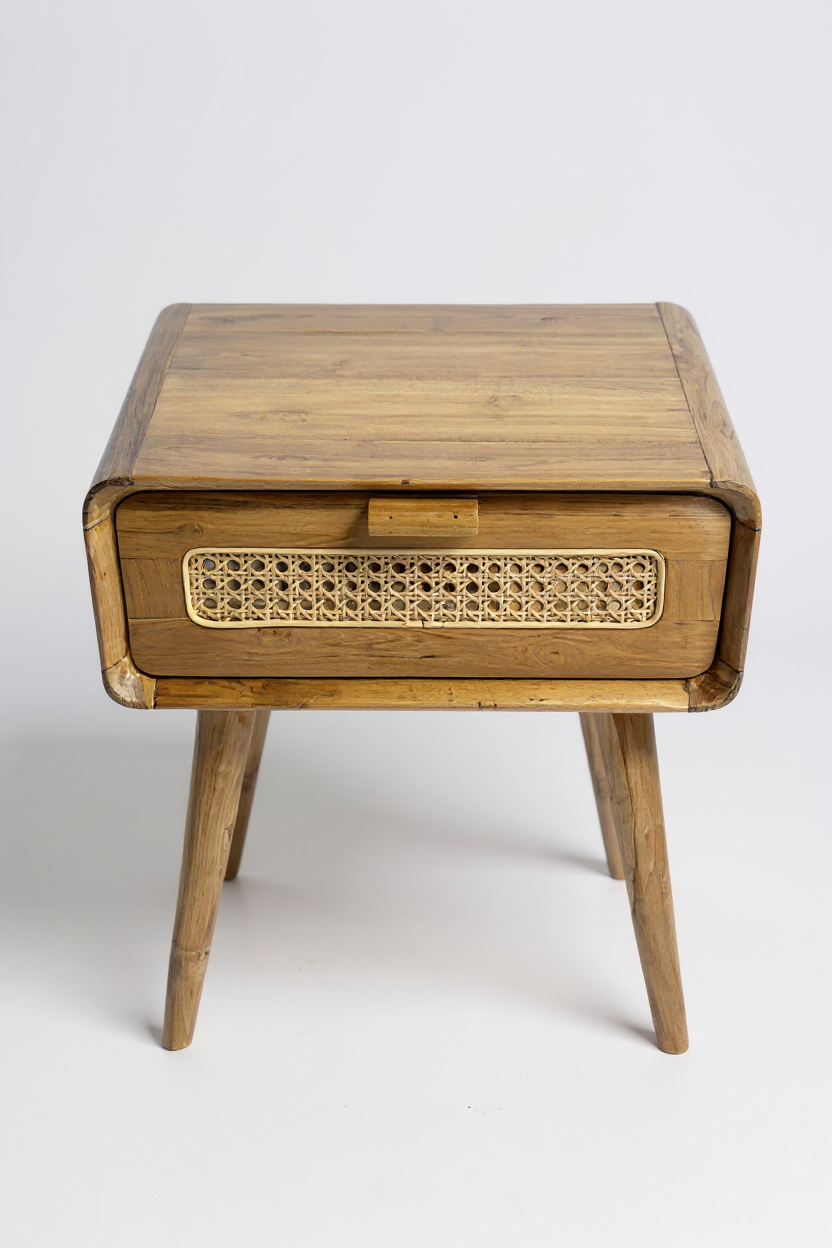 Rattan Beistelltisch aus Teakholz – mit Schublade, 60×50×40 cm