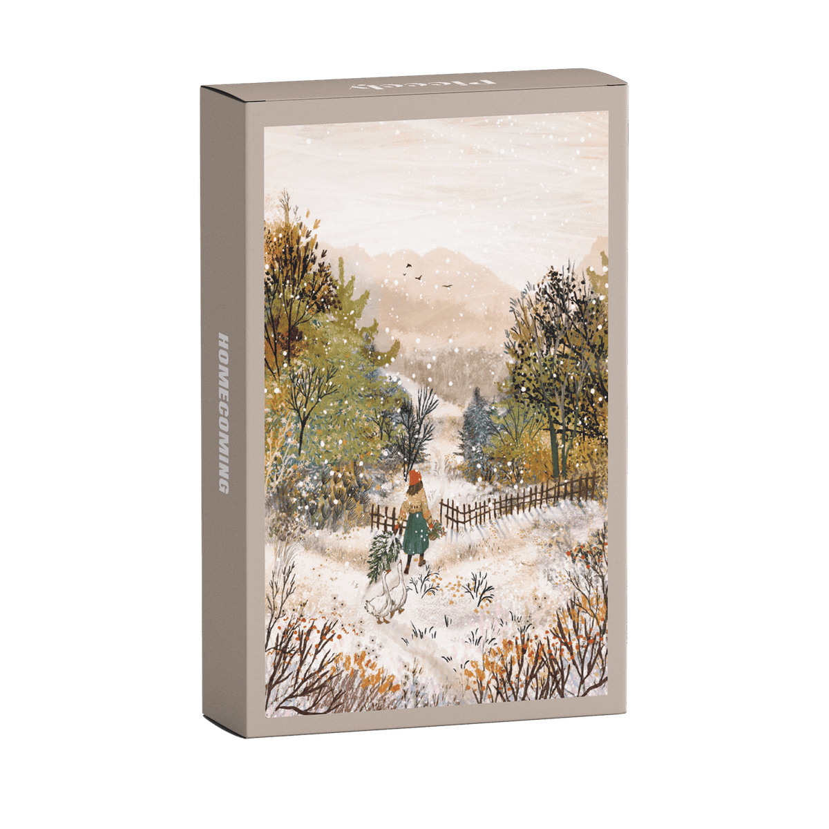 Schachtel des Minipuzzles Homecoming mit verschneiter Landschaft und einer Frau mit kleinem Tannenbaum
