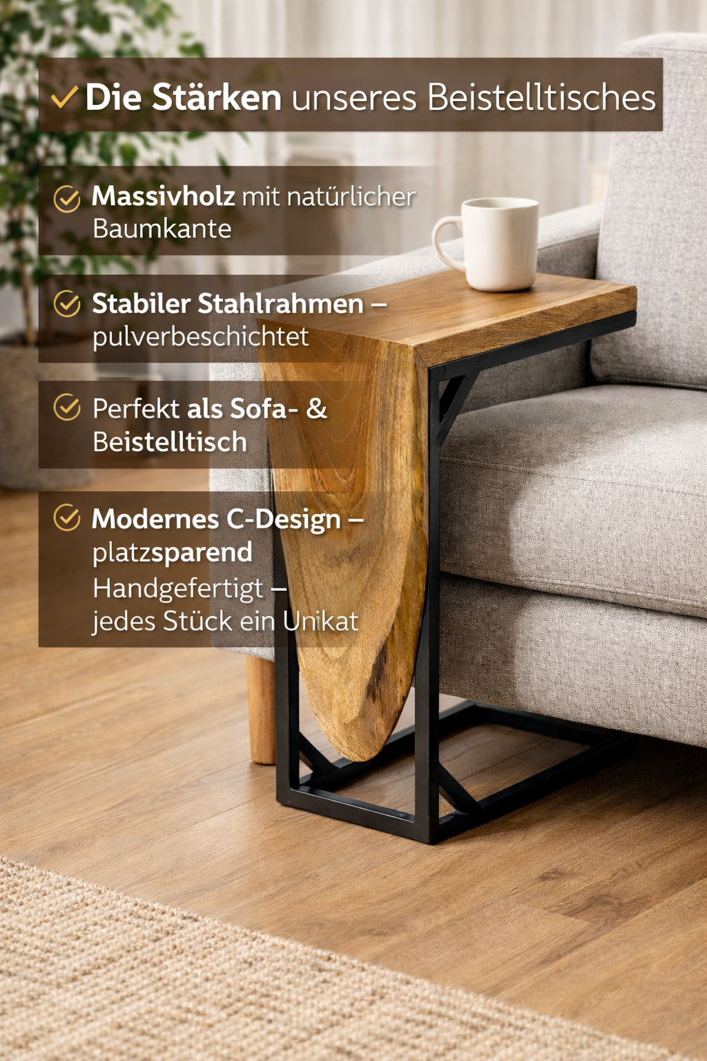 Sofa Beistelltisch aus Teakholz 50 cm – C-Form mit Metallgestell