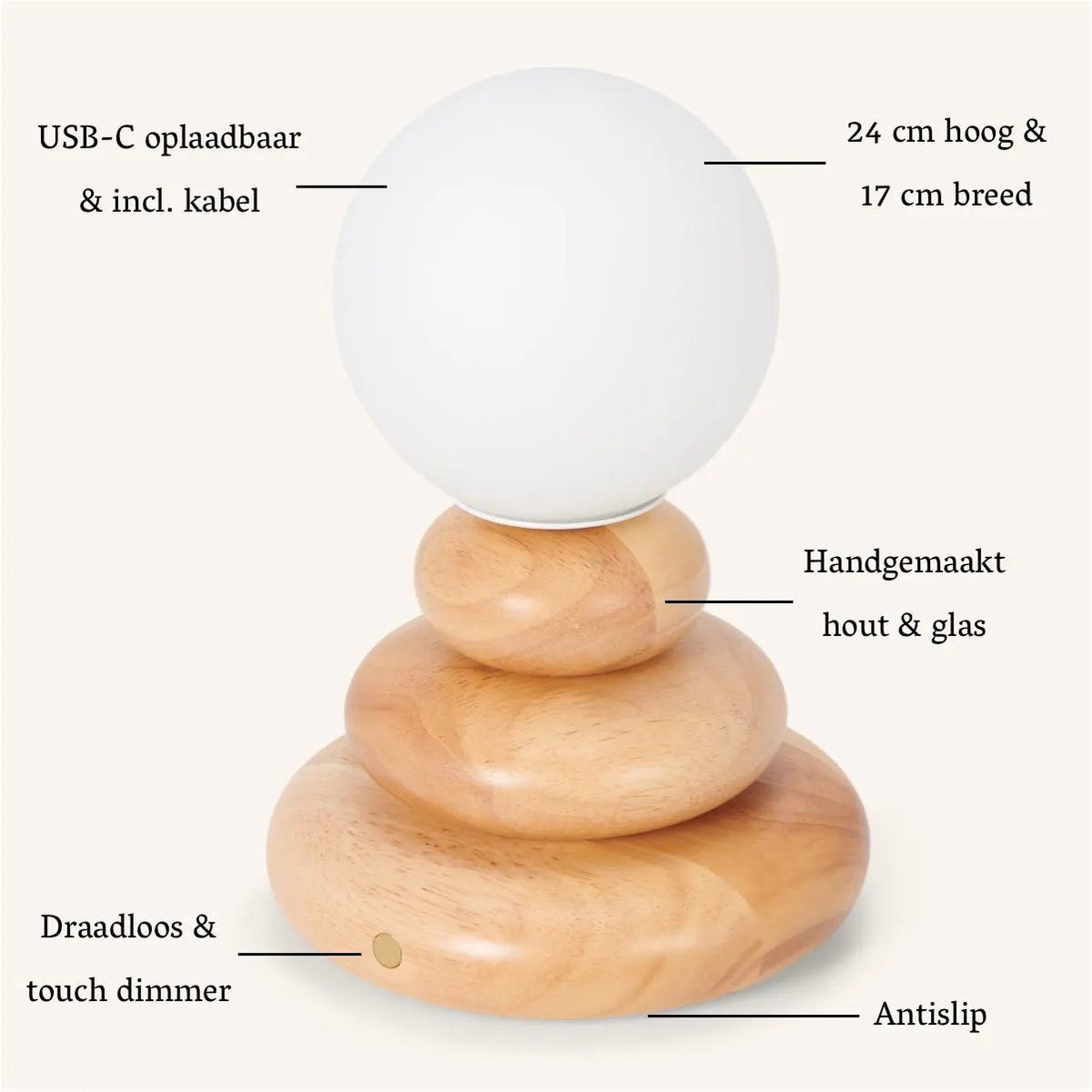 Isabella Tischlampe – Holz & Glas, Kabellos & Dimmbar