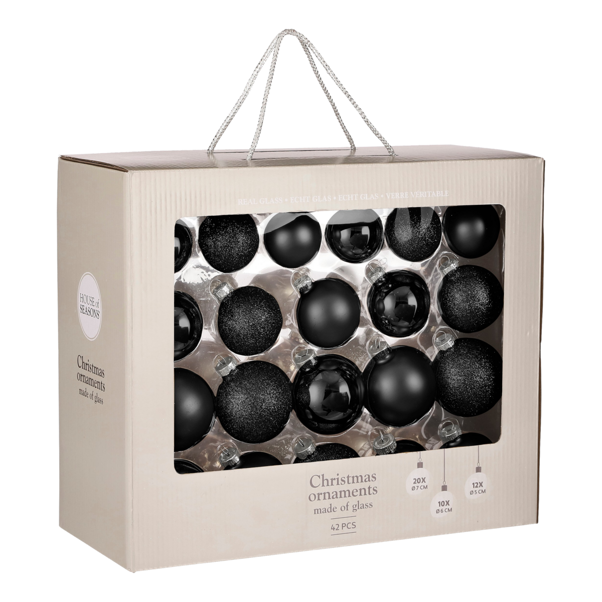 Weihnachtskugel-Set aus Glas – 42-teilig, Schwarz, Ø7 cm