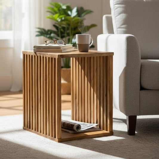 Beistelltisch aus Teakholz mit offener Form neben Sofa im Wohnzimmer