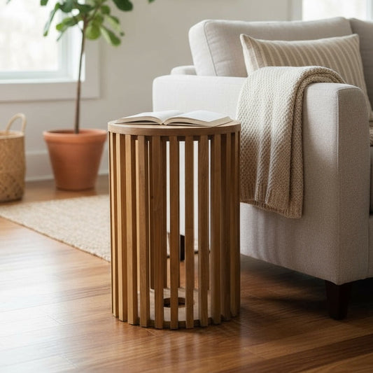 Runder Beistelltisch aus Teakholz neben Sofa im Wohnzimmer