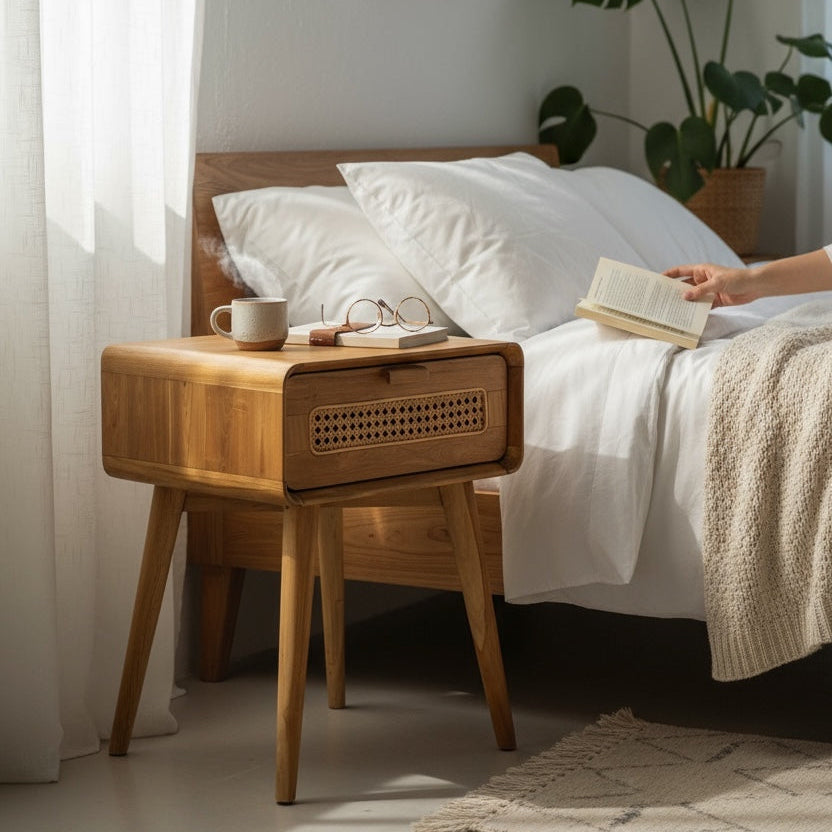 Beistelltisch aus Teakholz mit Rattan-Schublade