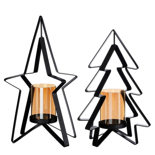 Teelichthalter Set Weihnachten – Baum & Stern – Schwarz/Gold – 2-tlg.