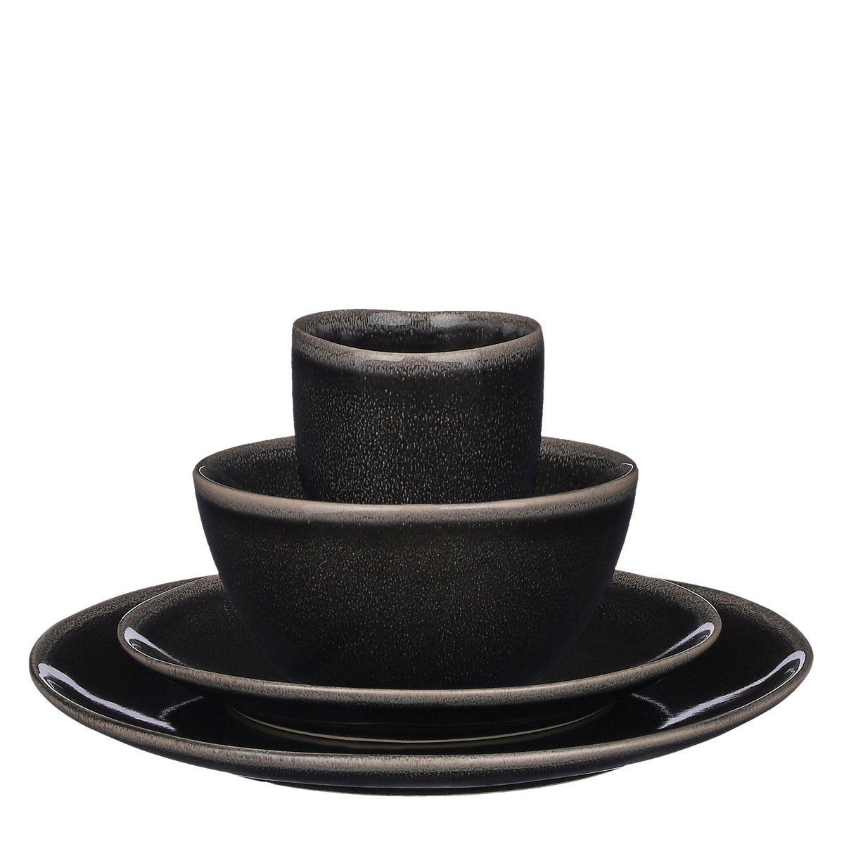 Schwarzes Keramik Geschirrset mit Teller, Schüssel und Tasse