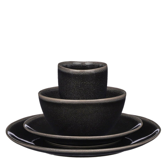 Schwarzes Keramik Geschirrset mit Teller, Schüssel und Tasse