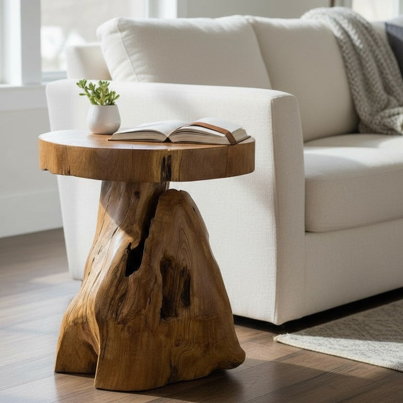 Holzhocker aus massivem Teakholz in naturbelassener Form