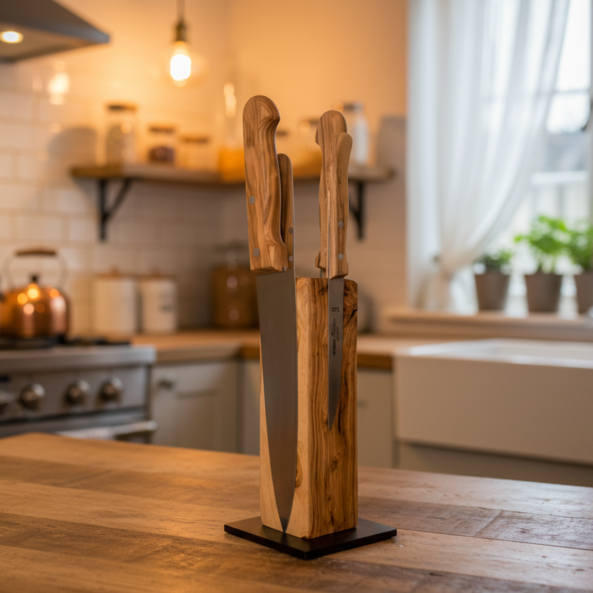 Magnet Messerblock aus Olivenholz – kompakt, handgefertigt