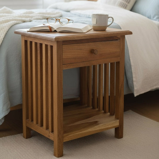 Nachttisch aus Teakholz mit Schublade und offenem Fach neben Bett