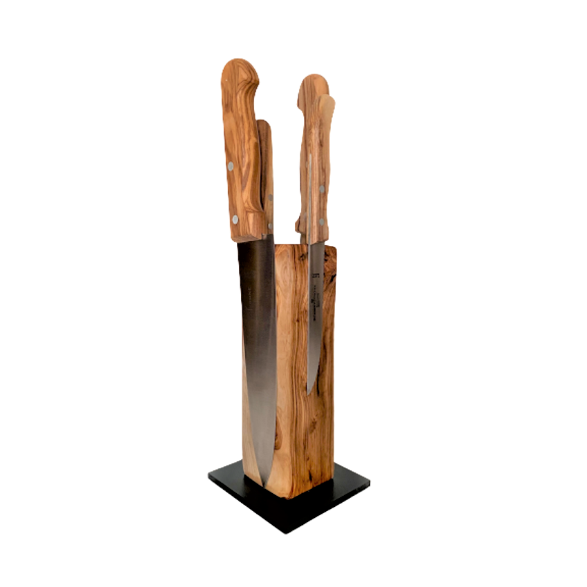 Magnet Messerblock aus Olivenholz mit Küchenmessern auf Sockel