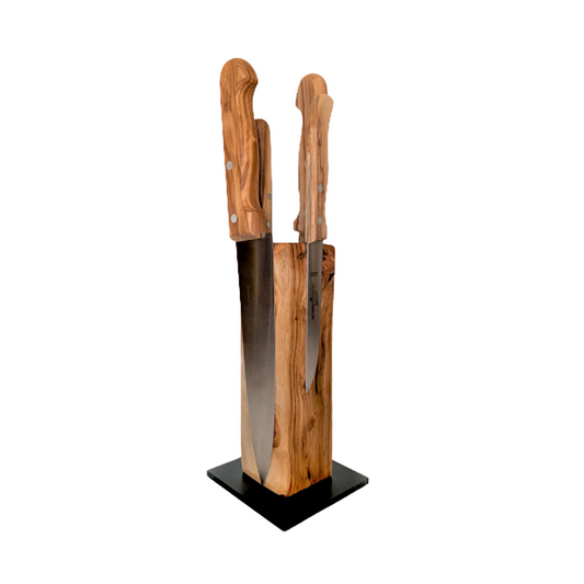 Magnet Messerblock aus Olivenholz mit Küchenmessern auf Sockel