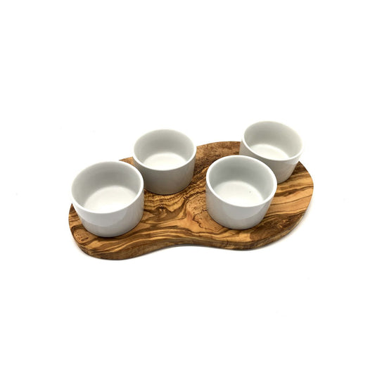 Servierbrett aus Holz mit 4 Porzellanschalen für Dips und Saucen